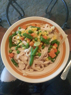 A picture of Chicken Alfredo with Veggies.