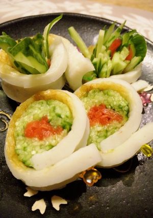 A picture of An Easy Snack! Chikuwa Fish Sticks and Pickled Red Ginger Rolls.