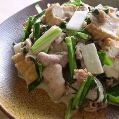 A picture of Crispy Pork and Chinese Chive Stir-Fry with Atsuage (Thick Fried Tofu).