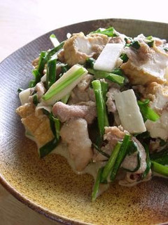 A picture of Crispy Pork and Chinese Chive Stir-Fry with Atsuage (Thick Fried Tofu).