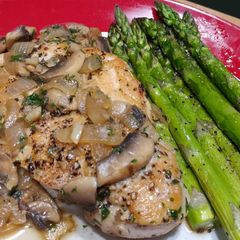 A picture of Pan Seared Chicken with Mushroom & Herb Sauce.