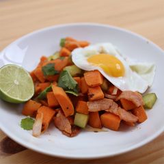 A picture of Mexican Sweet Potato Hash with Bacon and Cucumber.