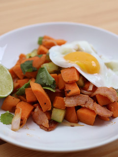 A picture of Mexican Sweet Potato Hash with Bacon and Cucumber.