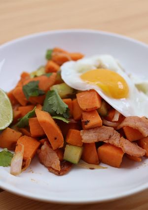 A picture of Mexican Sweet Potato Hash with Bacon and Cucumber.