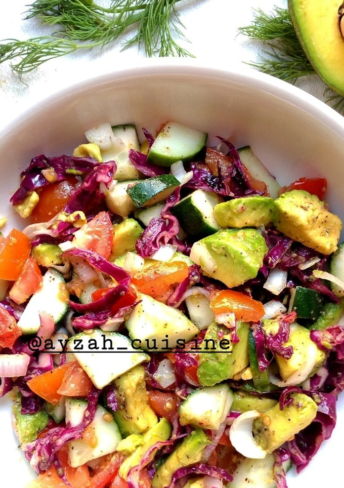 A picture of Cucumber, tomato and avocado salad.