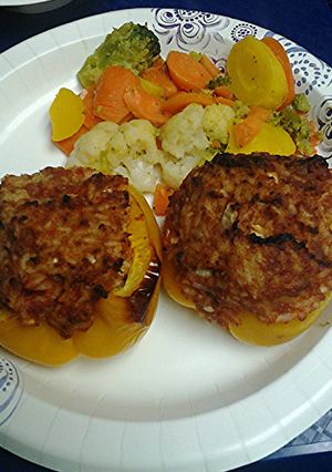 A picture of Stuffed peppers and a half shell.