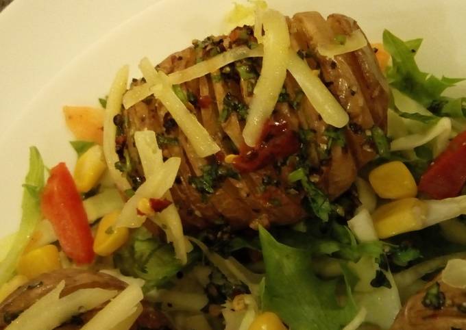 Hasselback Potatoes Served with garden fresh salad