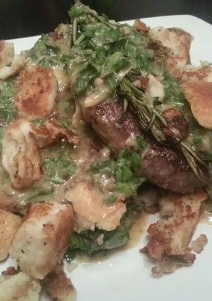 A picture of Lamb steaks with anchovy vinaigrette.