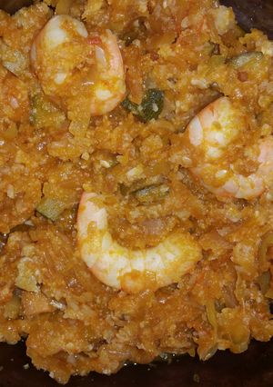 A picture of Shrimp and veggie stew.