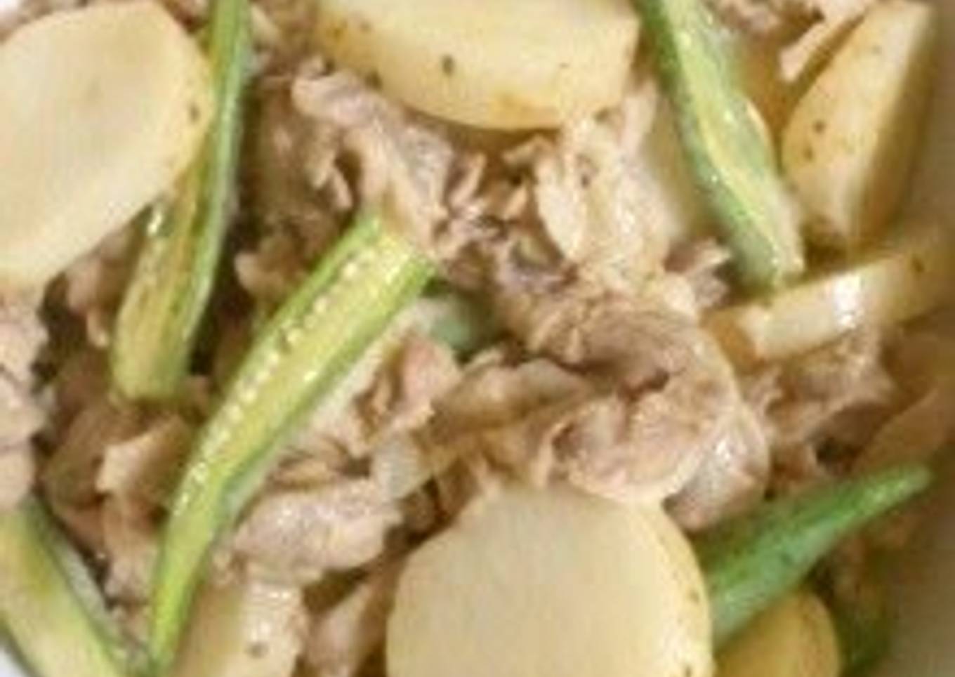Extremely Quick! Pork, Nagaimo Yams, and Okra Stir Fry with Mentsuyu and Mayonnaise