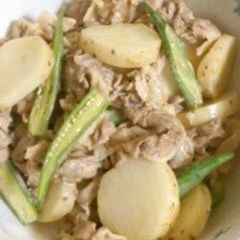 A picture of Extremely Quick! Pork, Nagaimo Yams, and Okra Stir Fry with Mentsuyu and Mayonnaise.