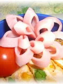 A picture of Diagonally-Cut Ham Flowers: Colorful Bento Gap-Fillers.