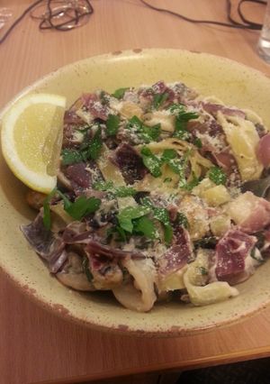A picture of Creamy seafood pasta with creme fraiche.