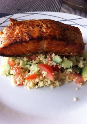 A picture of Fried Salmon in Couscous Salad.