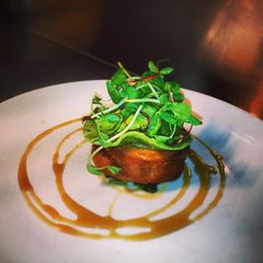 A picture of Pork, black pudding, apple.