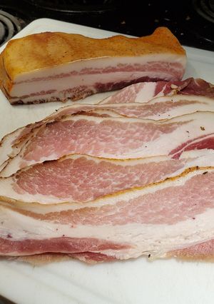 A picture of Brad's homemade Cajun bacon.