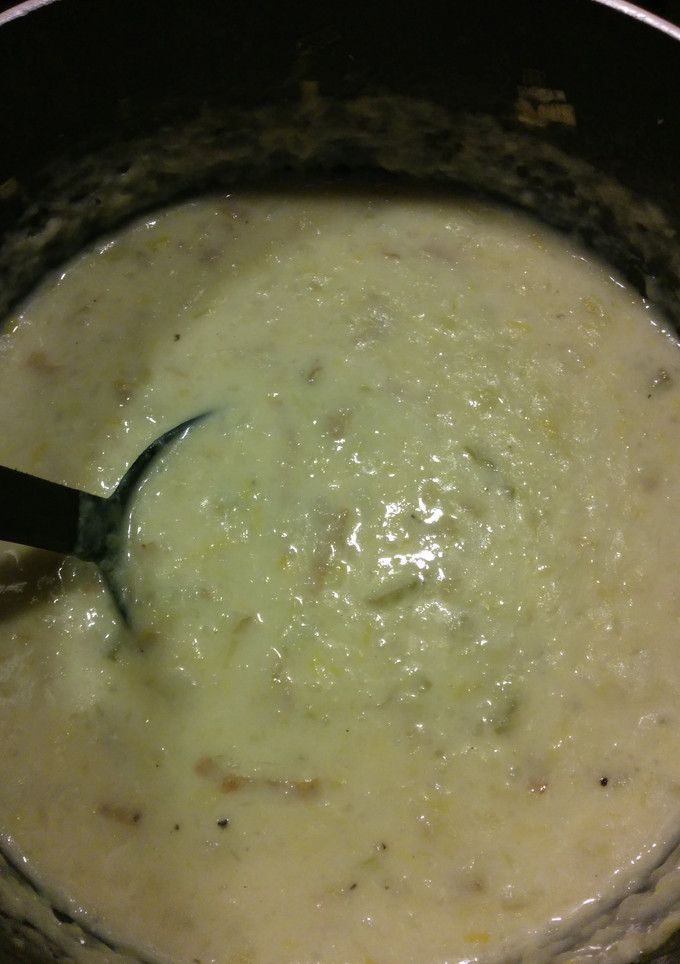 A picture of Leek and potato lumpy soup.