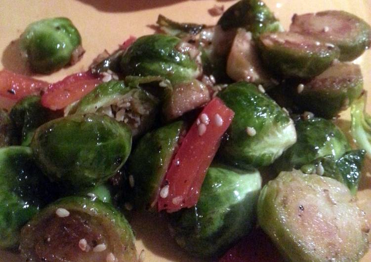 Brussels Sprouts sauteed with garlic and red bell pepper