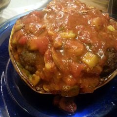 A picture of Paleo Spaghetti squash with paleo meatballs and fresh chunky spaghetti sauce.