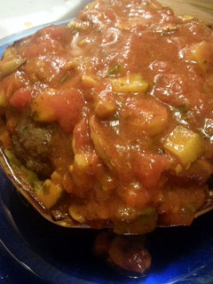 A picture of Paleo Spaghetti squash with paleo meatballs and fresh chunky spaghetti sauce.