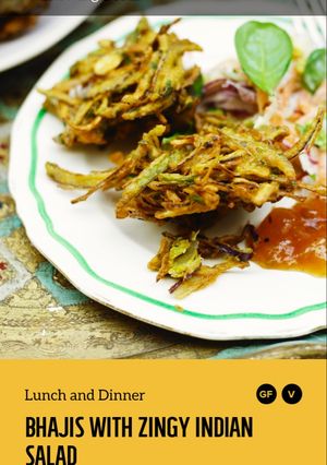 A picture of Bhajis wiit zingy indian salad.