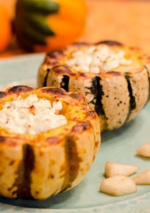 A picture of Mini Kabocha Squash Stuffed with Pear and Goat Cheese.