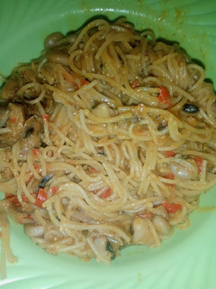 A picture of Jollof Spaghetti and Beans.