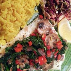Baked Cod with a vegetable sautee topping A picture of Baked Cod with a vegetable sautee topping.