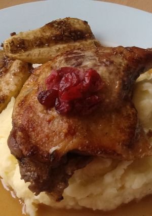 A picture of Vickys Seared Duck Legs with Pear and Cranberry Gravy.