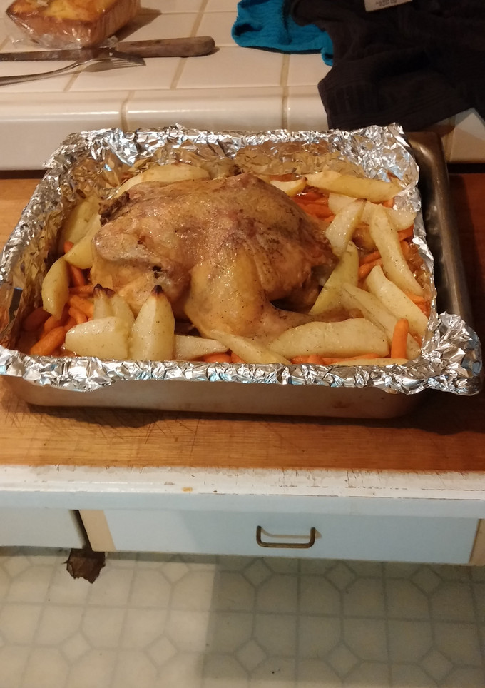 A picture of Roasted chicken with carrots and potatoes.
