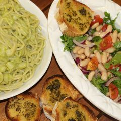 A picture of PESTO PASTA and BEAN SALAD with GARLIC BREAD.