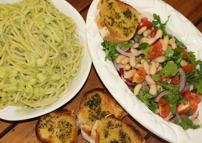 pesto pasta and bean salad with garlic bread recipe main photo