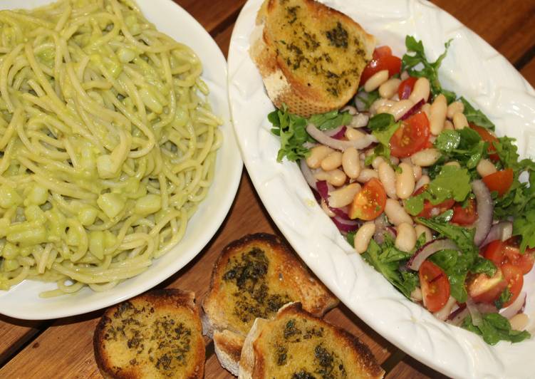 PESTO PASTA and BEAN SALAD with GARLIC BREAD