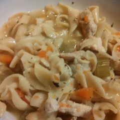 A picture of chicken noodle soup.