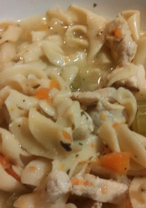 A picture of chicken noodle soup.