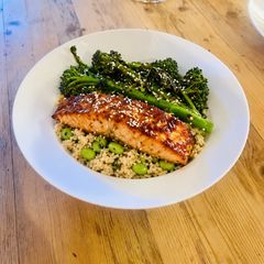 A picture of Sticky Miso Salmon with Sesame Greens & Edamame Rice.