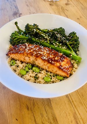 A picture of Sticky Miso Salmon with Sesame Greens & Edamame Rice.