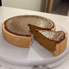 A picture of Red kuri squash pie made from homemade puree.