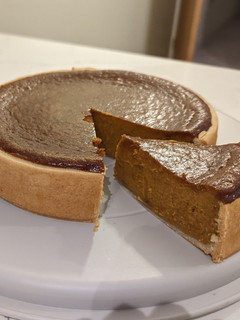 A picture of Red kuri squash pie made from homemade puree.