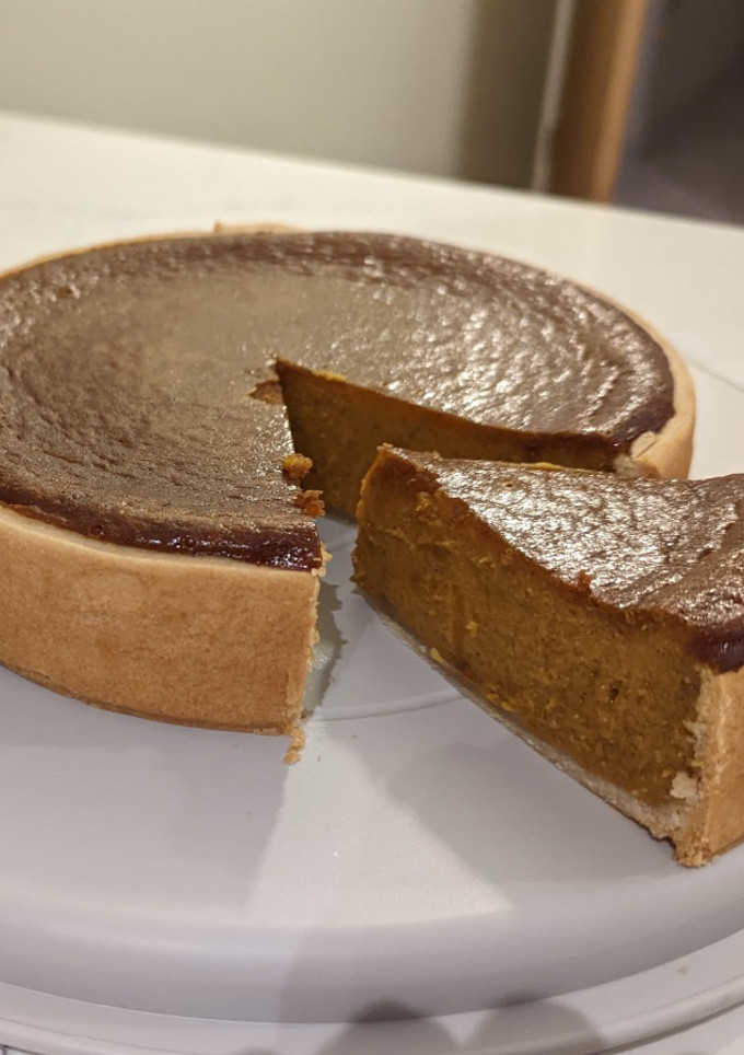 A picture of Red kuri squash pie made from homemade puree.