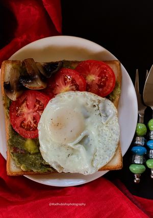 A picture of Poach on Avocado, mushrooms and tomato.