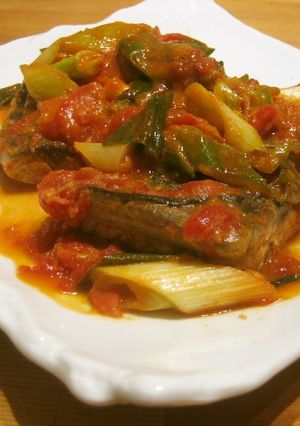 A picture of Italian Style with Tomatoes Mackerel Simmered In Tomato and Miso.