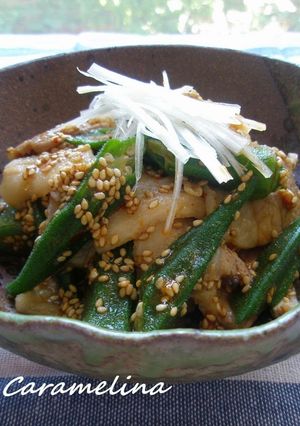 A picture of Spicy Sesame Shabu Shabu Pork and Okra.