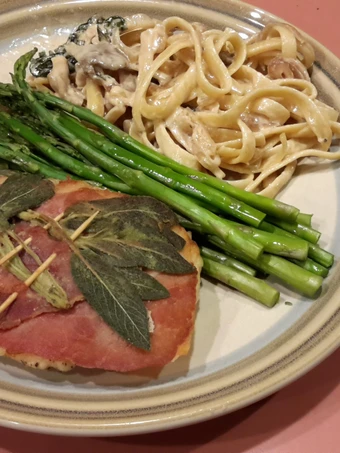 Easy Ways Prepare Recipes Saltimbocca w/Fettucine Alfredo &amp; Asparagus the Delicious Tasty.