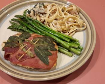 Easy Recipe Saltimbocca wFettucine Alfredo  Asparagus Very Delicious