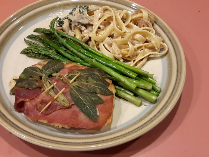 Easy Ways Prepare Recipes Saltimbocca w/Fettucine Alfredo &amp;amp; Asparagus the Delicious Tasty.