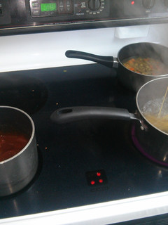 A picture of Spaghetti with Red Sauce and Chicken, Mixed Vegetables.