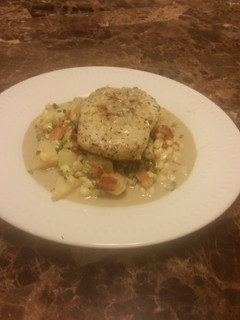 A picture of Marsala Pork Chops with Corn and Bacon.