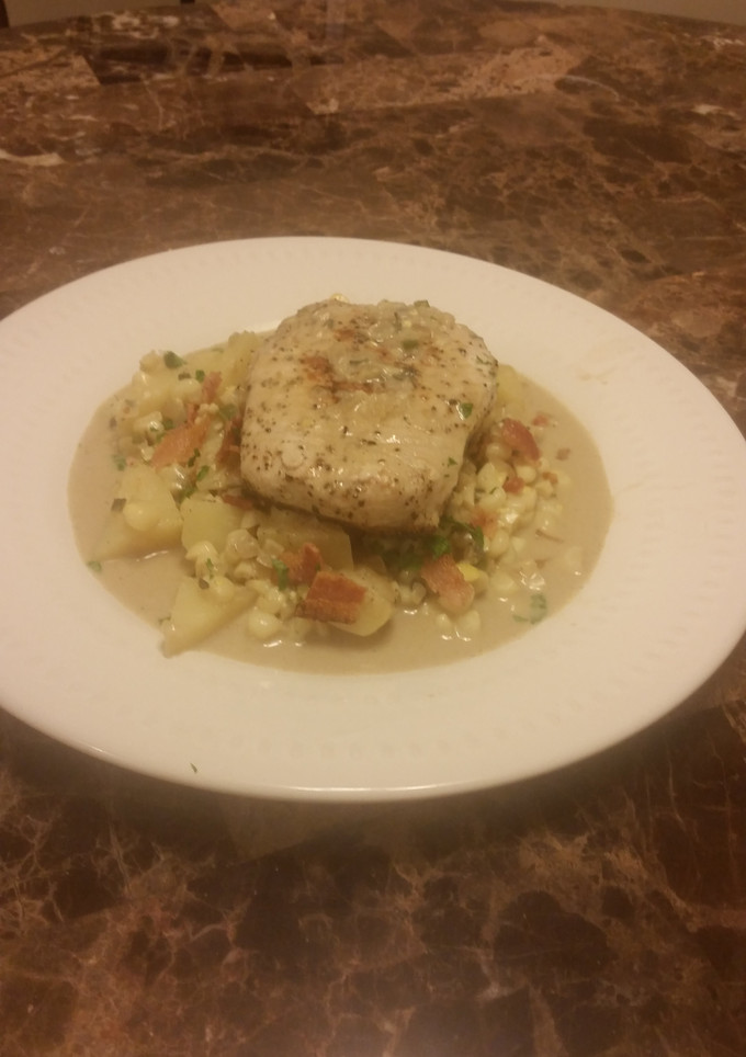 A picture of Marsala Pork Chops with Corn and Bacon.
