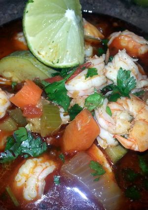 A picture of Spicy chorizo & longaniza shrimp soup.